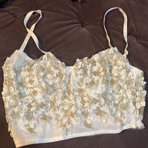 White/Gold Floral Crop XS